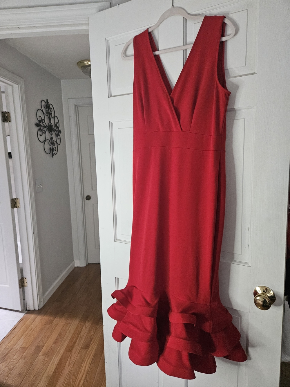 Fashion Nova Red Sleeveless V-Neck Ruffle-Hem Midi Dress. Christmas Party Dress